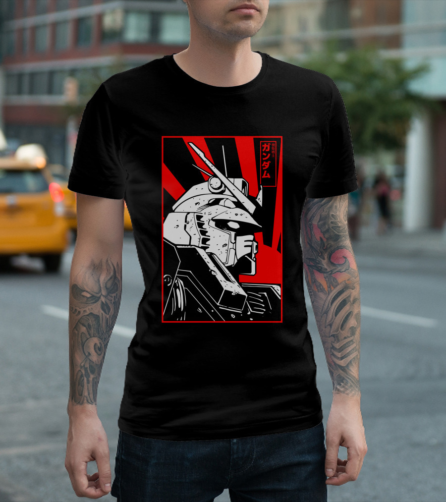 Mobile Suit Gundam RX-78-2 Japanese Text Front Profile Red and Black T-Shirt