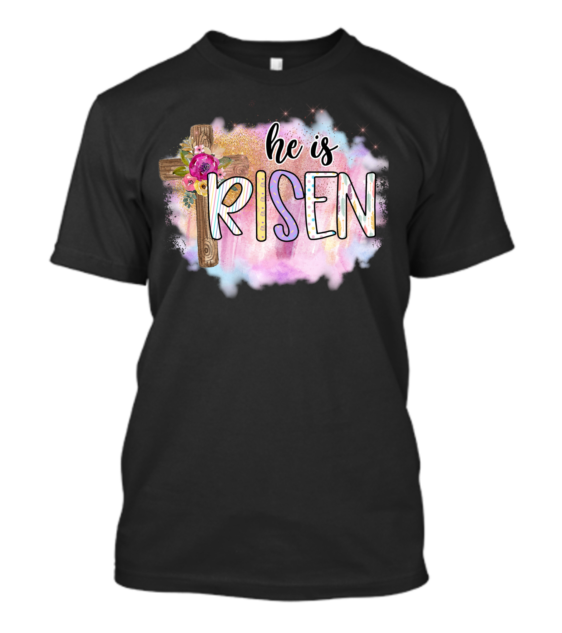 He Is Risen Floral Cross Colorful Clouds T-Shirt