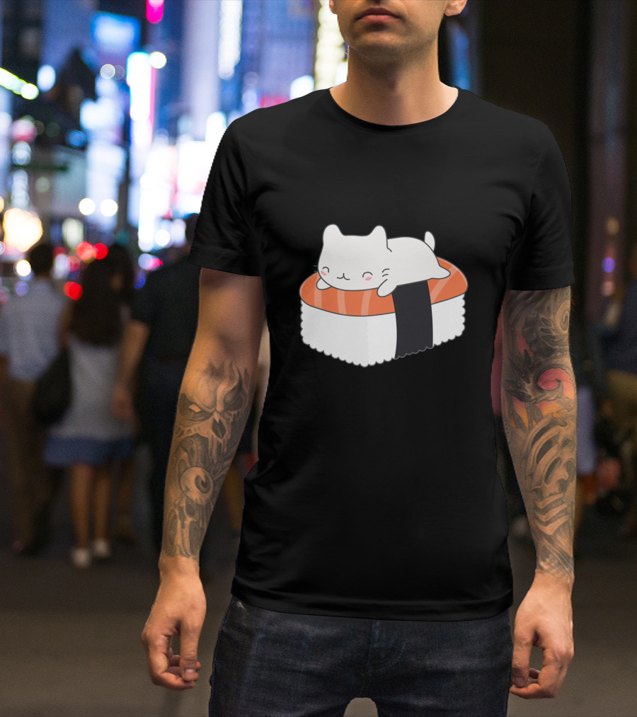 Kawaii Sushi Cat Adorable Cartoon Sleeping Maki Roll T-Shirt