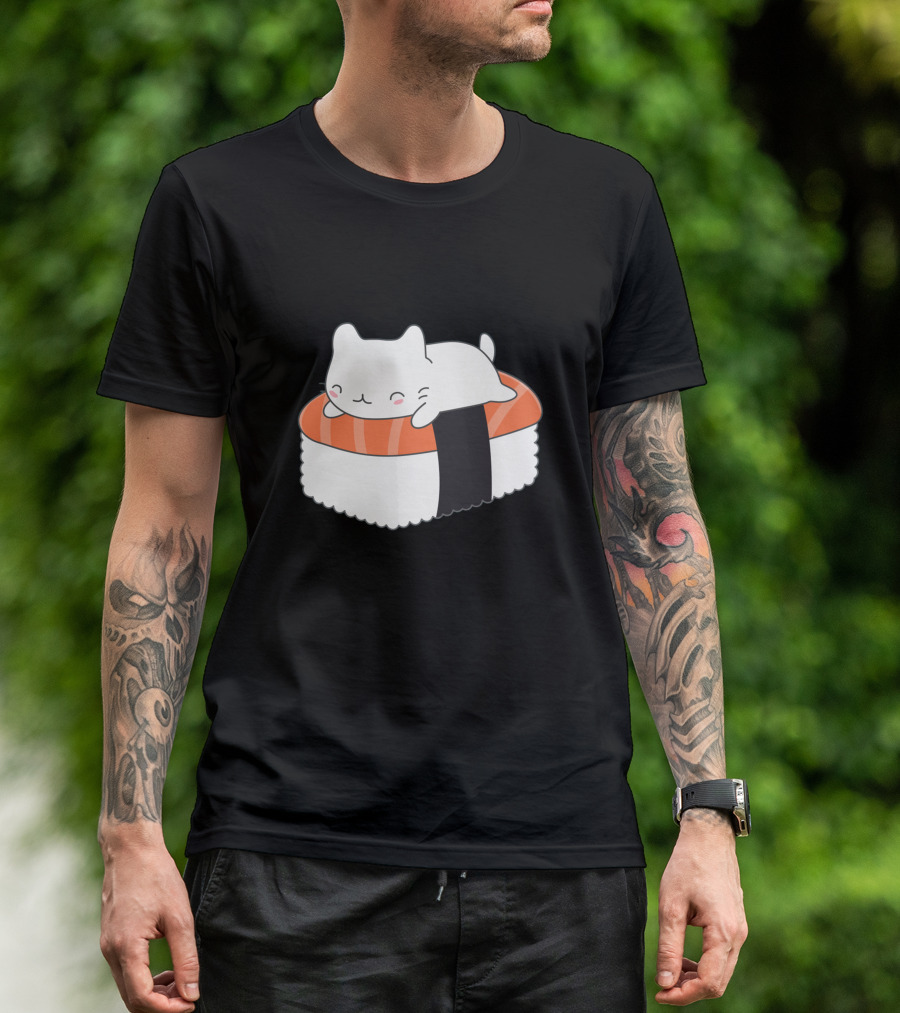 Kawaii Sushi Cat Adorable Cartoon Sleeping Maki Roll T-Shirt