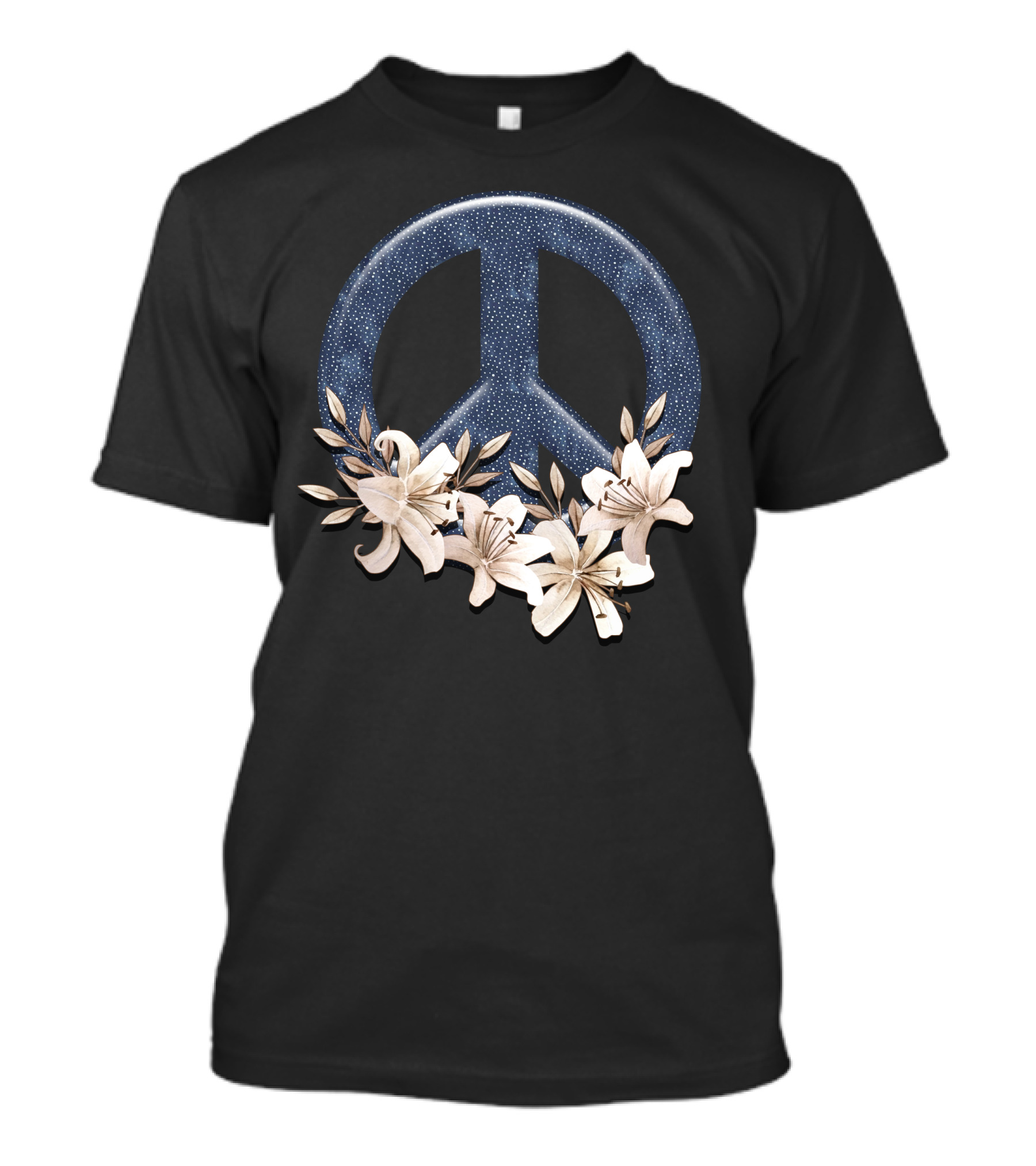 Peace Floral With Blue Starry Peace Symbol And White Lilies T-Shirt