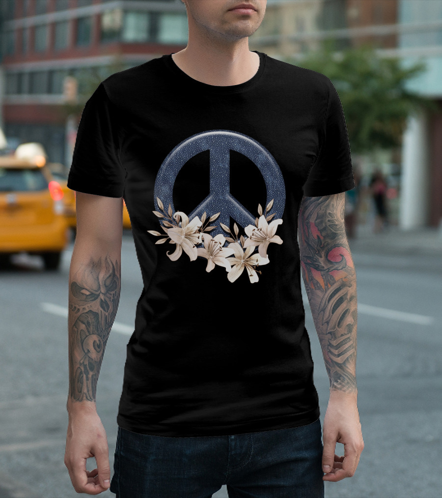 Peace Floral With Blue Starry Peace Symbol And White Lilies T-Shirt