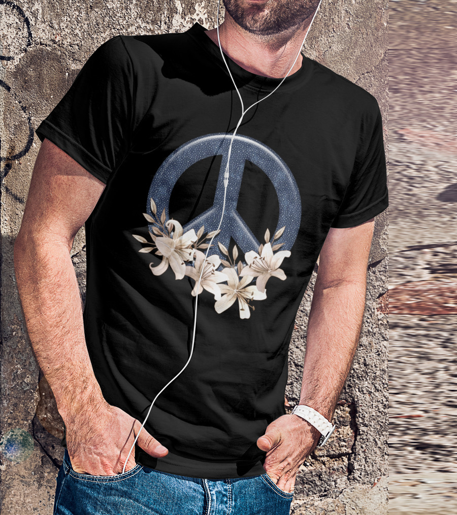 Peace Floral With Blue Starry Peace Symbol And White Lilies T-Shirt