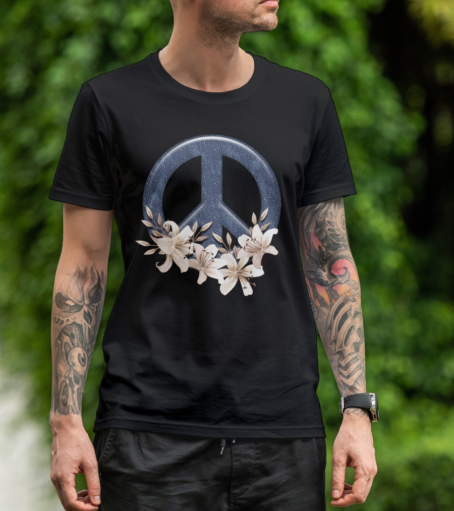 Peace Floral With Blue Starry Peace Symbol And White Lilies T-Shirt