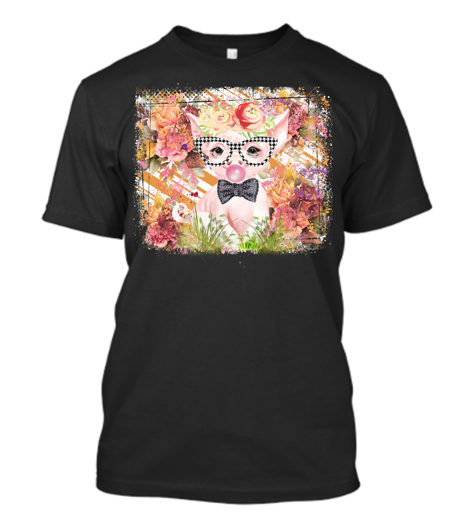 Floral Pig With Checkered Glasses And Bow Tie T-Shirt