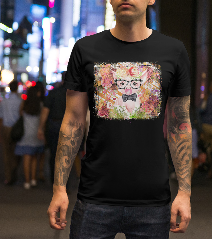 Floral Pig With Checkered Glasses And Bow Tie T-Shirt