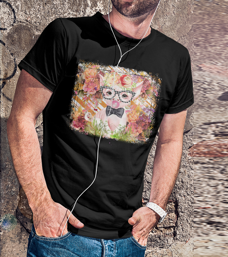Floral Pig With Checkered Glasses And Bow Tie T-Shirt