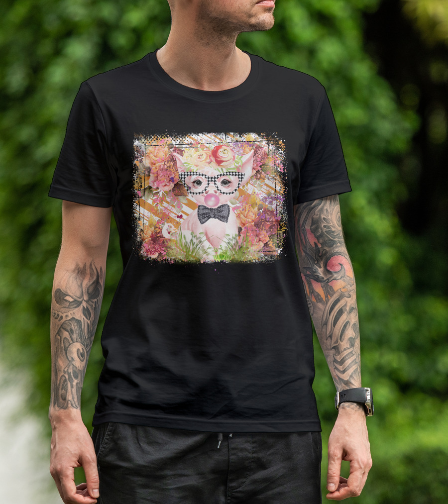 Floral Pig With Checkered Glasses And Bow Tie T-Shirt
