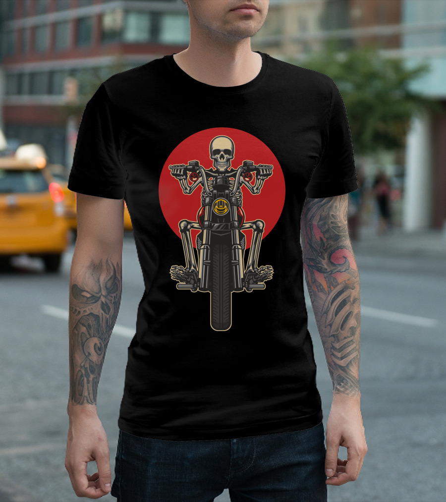 Skull Motorcycles Skeleton Rider On Chopper Motorcycle With Red Circle Background T-Shirt
