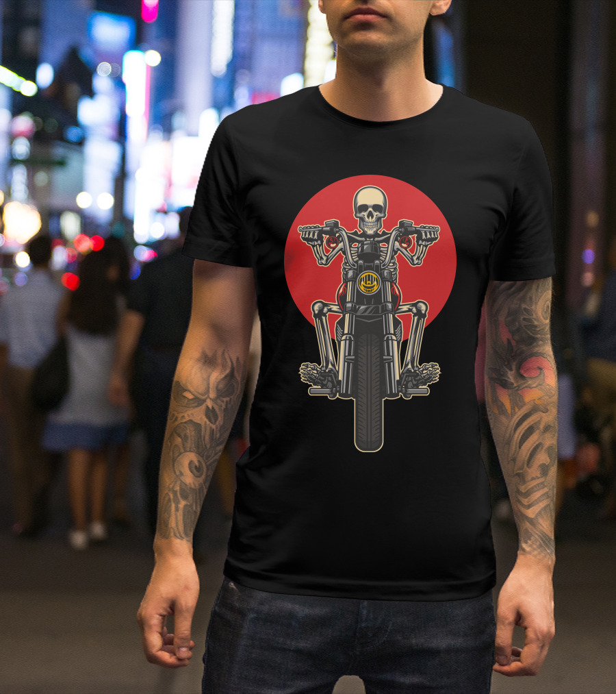 Skull Motorcycles Skeleton Rider On Chopper Motorcycle With Red Circle Background T-Shirt