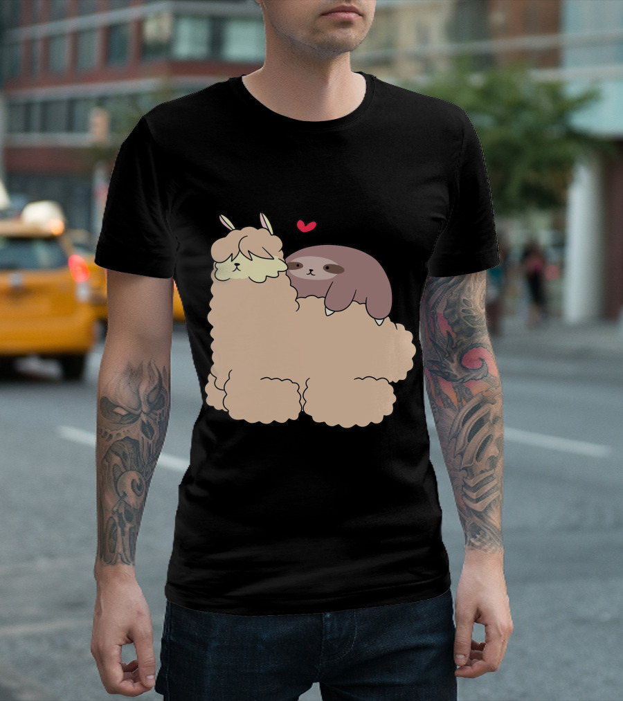 Sloth with Heart Rests on Fluffy Alpaca T-Shirt