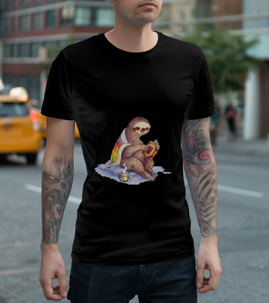 Cozy Sloth Enjoying Booktime with Blanket and Coffee T-Shirt