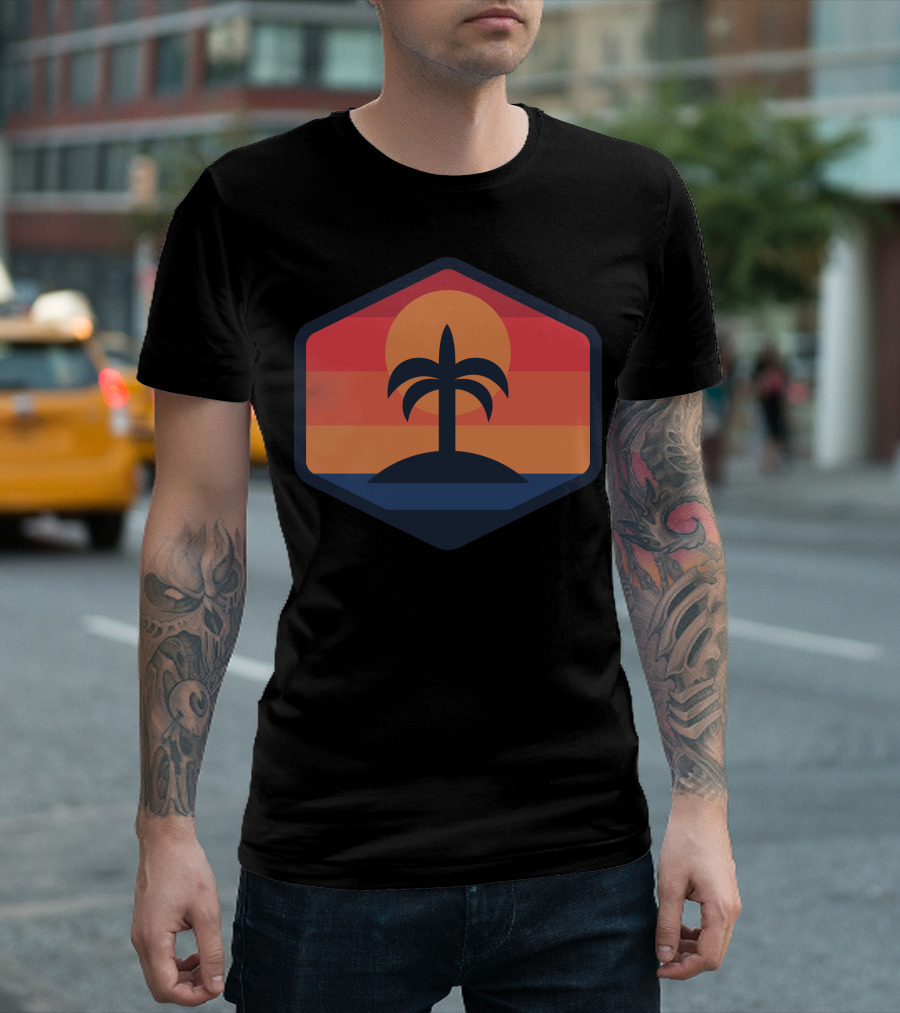 Sunset Beach Island Palm Silhouette Sunrise Badge T-Shirt