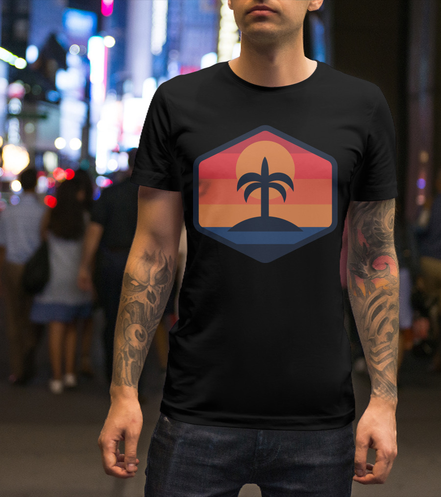 Sunset Beach Island Palm Silhouette Sunrise Badge T-Shirt