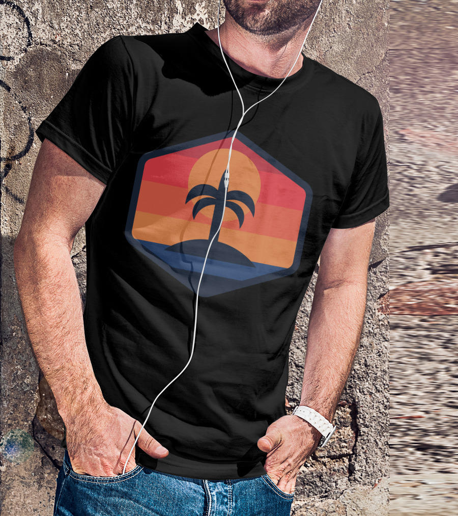 Sunset Beach Island Palm Silhouette Sunrise Badge T-Shirt