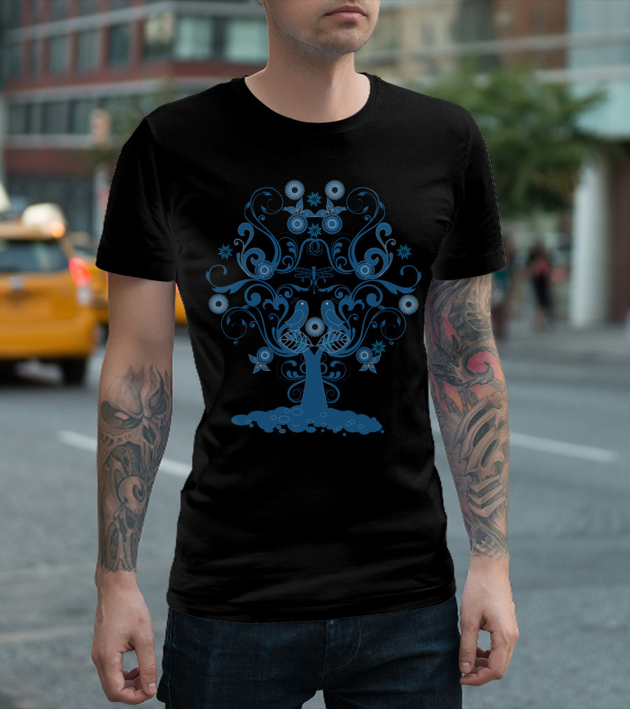 Tree Nature Swirls With Birds And Flowers T-Shirt