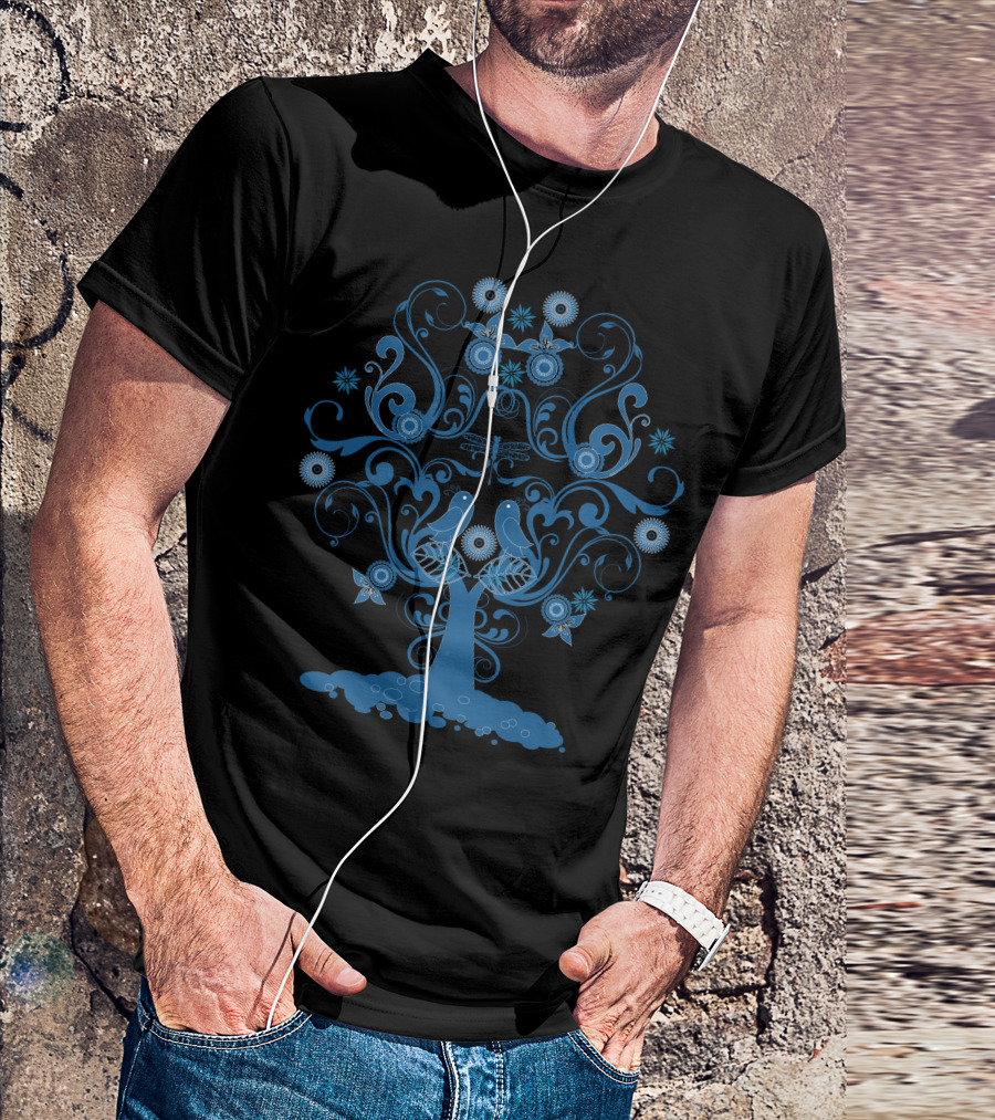 Tree Nature Swirls With Birds And Flowers T-Shirt