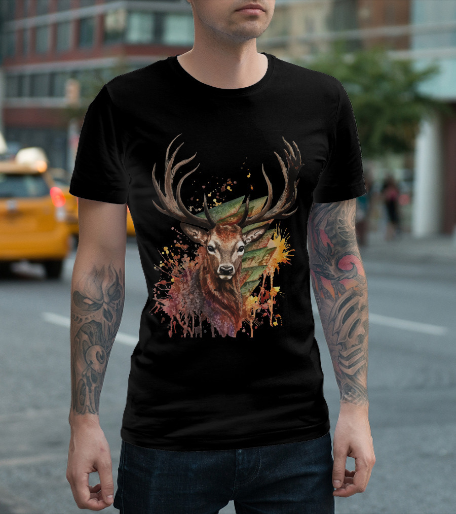 Watercolor Deer Painting Splatter Antlers Forest Burst T-Shirt