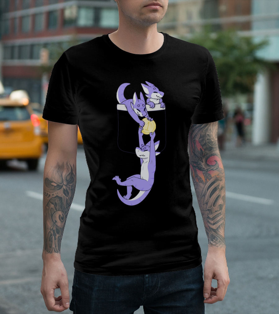 Wizard Pocket Purple Lizard Trio Hanging From Pocket With Gold Sphere T-Shirt