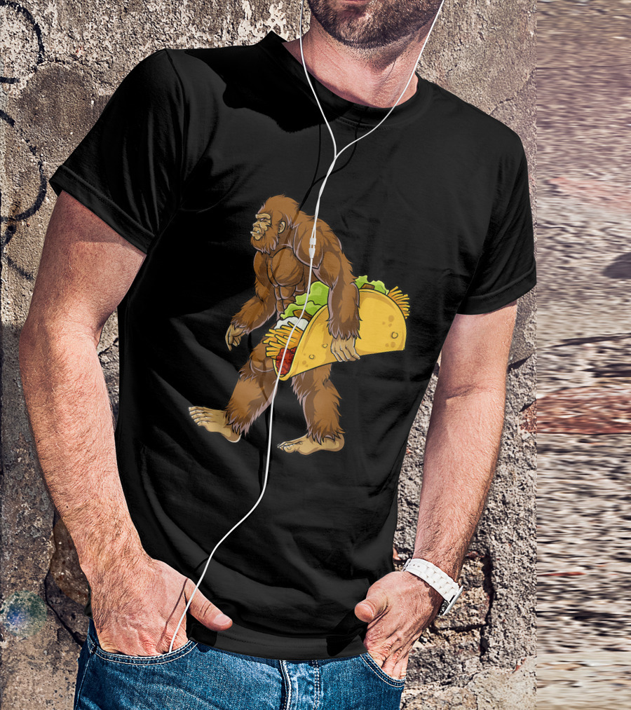 Bigfoot Walking With Giant Taco Filled With Lettuce Cheese And Meat T-Shirt