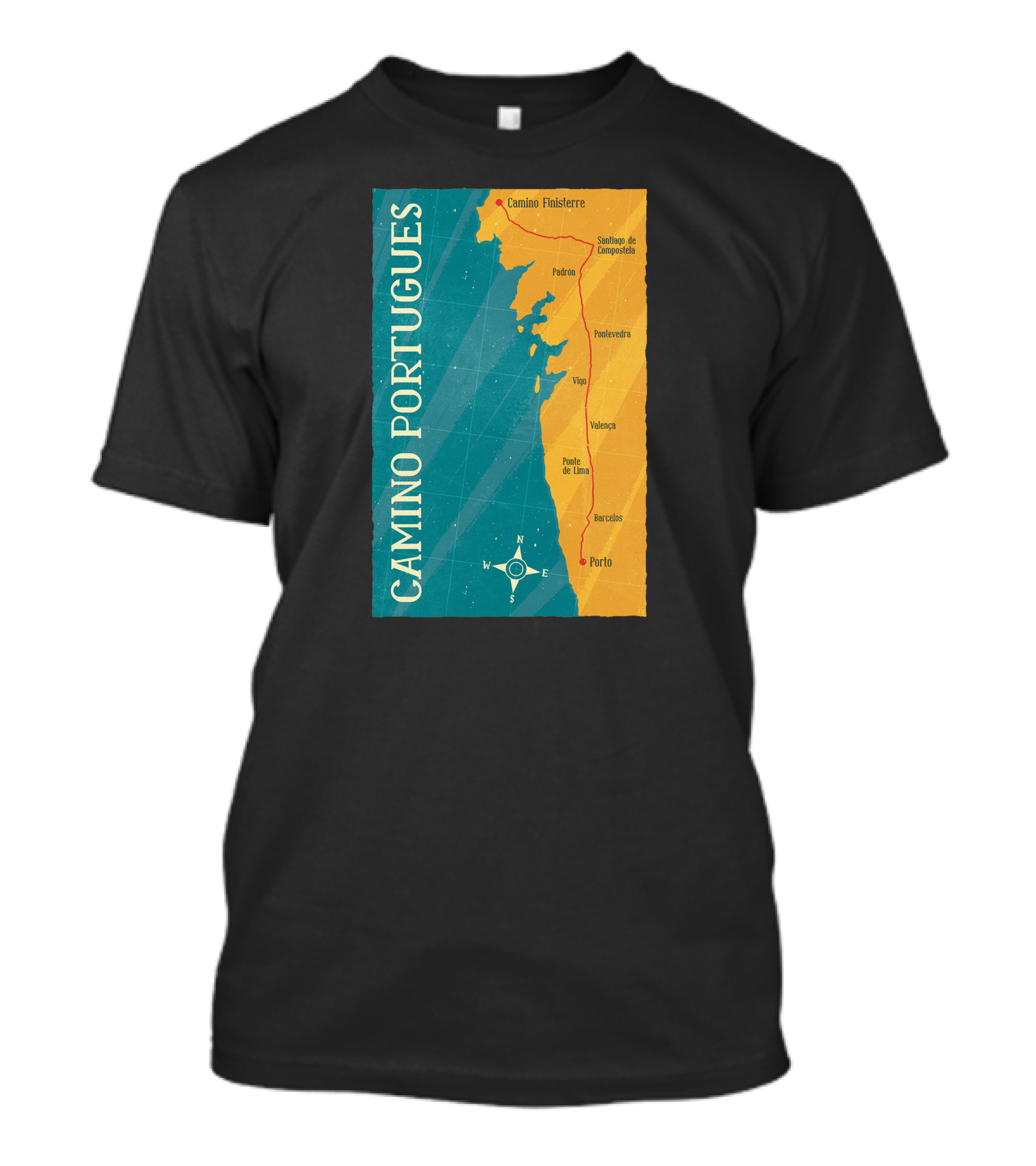 Camino Portugues Path Map Porto To Santiago De Compostela T-Shirt