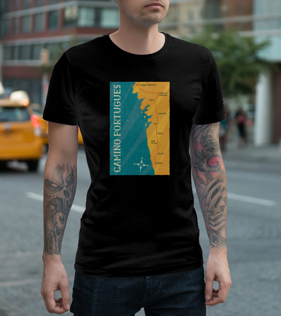 Camino Portugues Path Map Porto To Santiago De Compostela T-Shirt