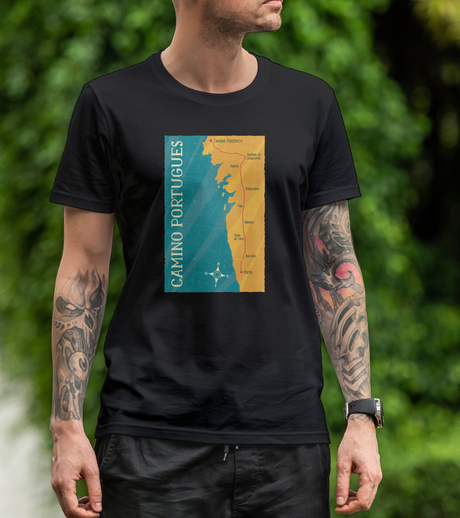 Camino Portugues Path Map Porto To Santiago De Compostela T-Shirt