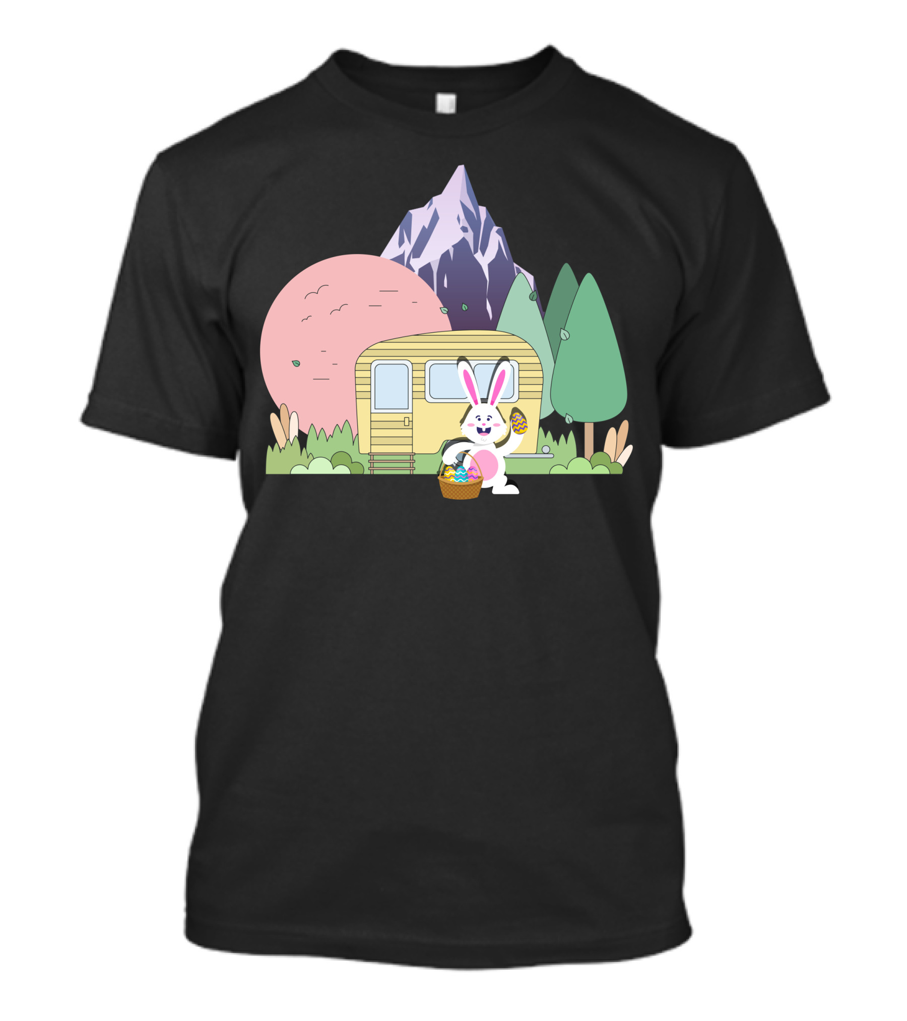 Camping Happy Easter Day Bunny Easter Eggs Mountains Forest Trailer T-Shirt