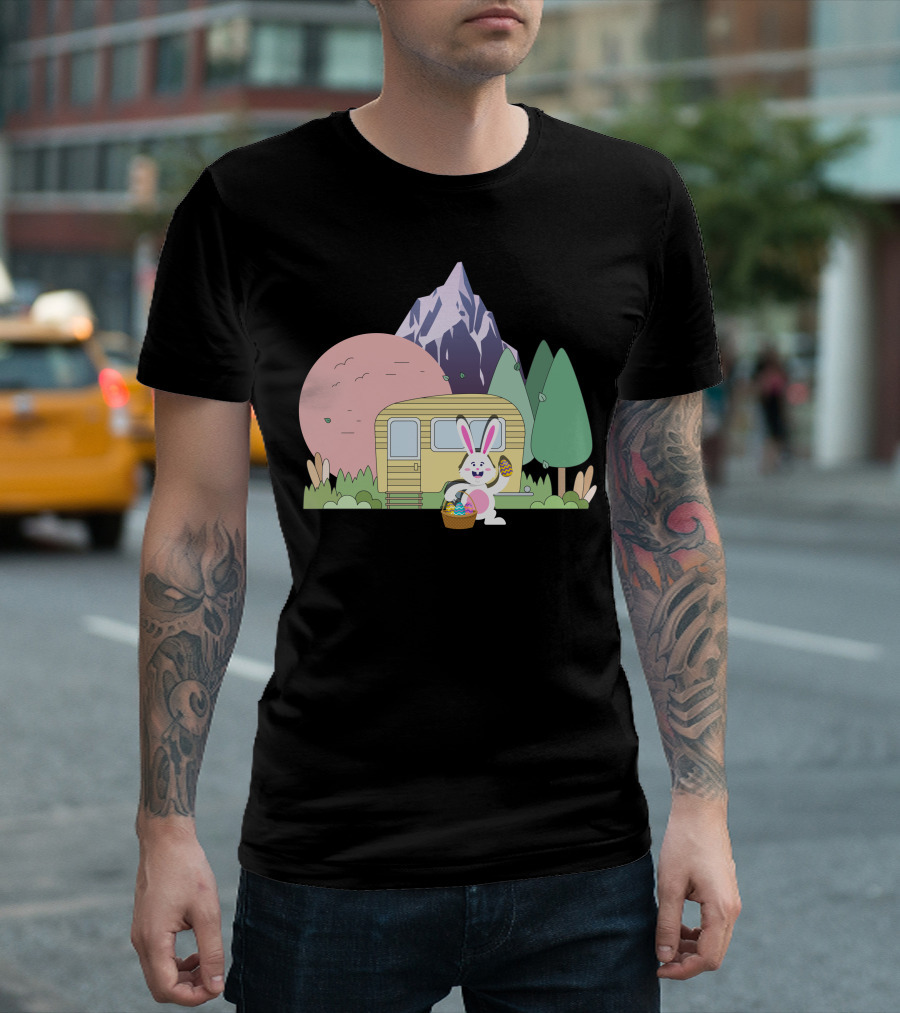 Camping Happy Easter Day Bunny Easter Eggs Mountains Forest Trailer T-Shirt