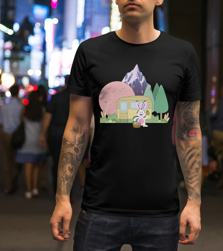 Camping Happy Easter Day Bunny Easter Eggs Mountains Forest Trailer T-Shirt