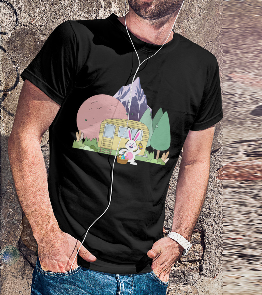 Camping Happy Easter Day Bunny Easter Eggs Mountains Forest Trailer T-Shirt