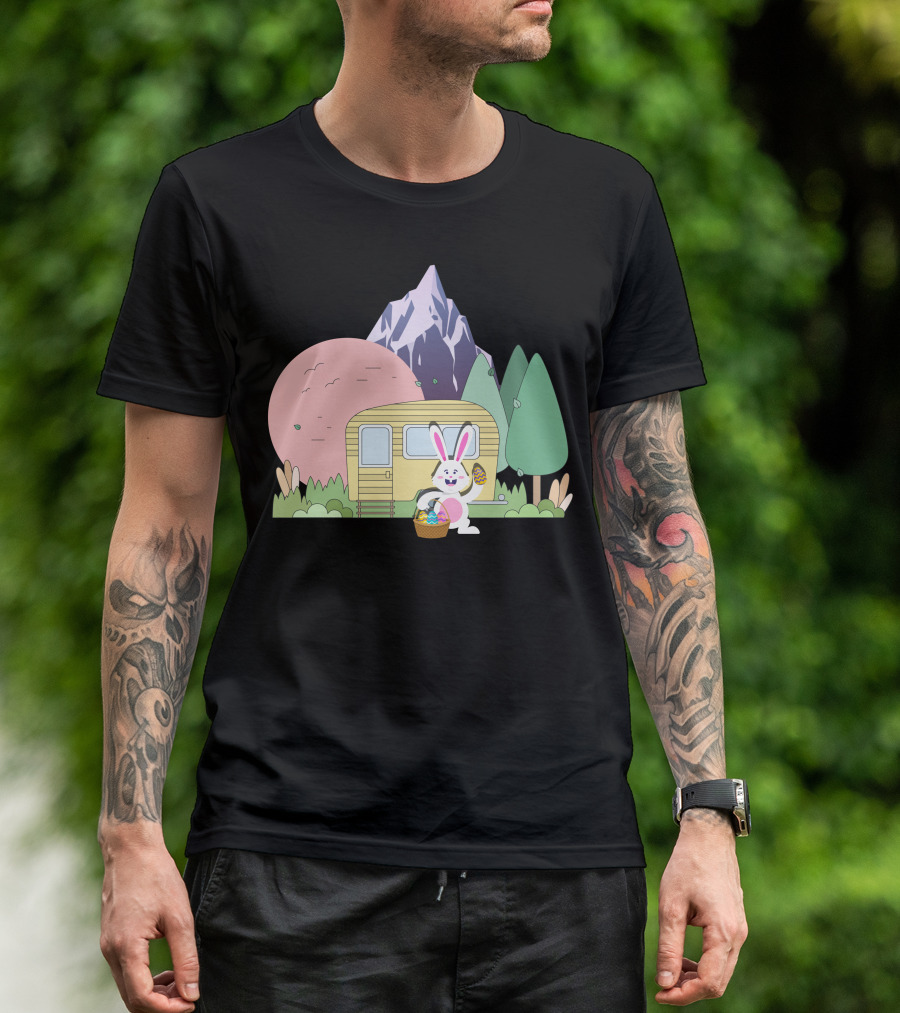 Camping Happy Easter Day Bunny Easter Eggs Mountains Forest Trailer T-Shirt