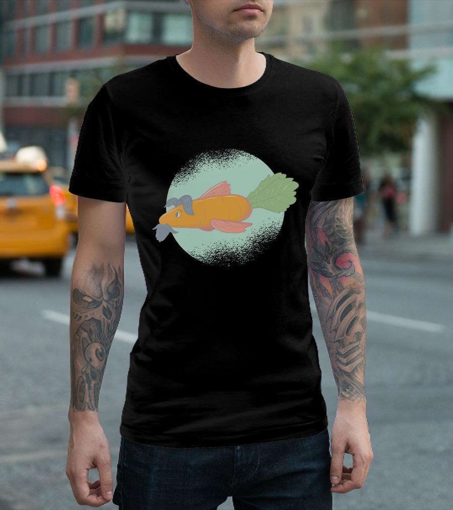 Carrot Fish with Mustache and Leaf Tail on Speckled Mint Circle T-Shirt