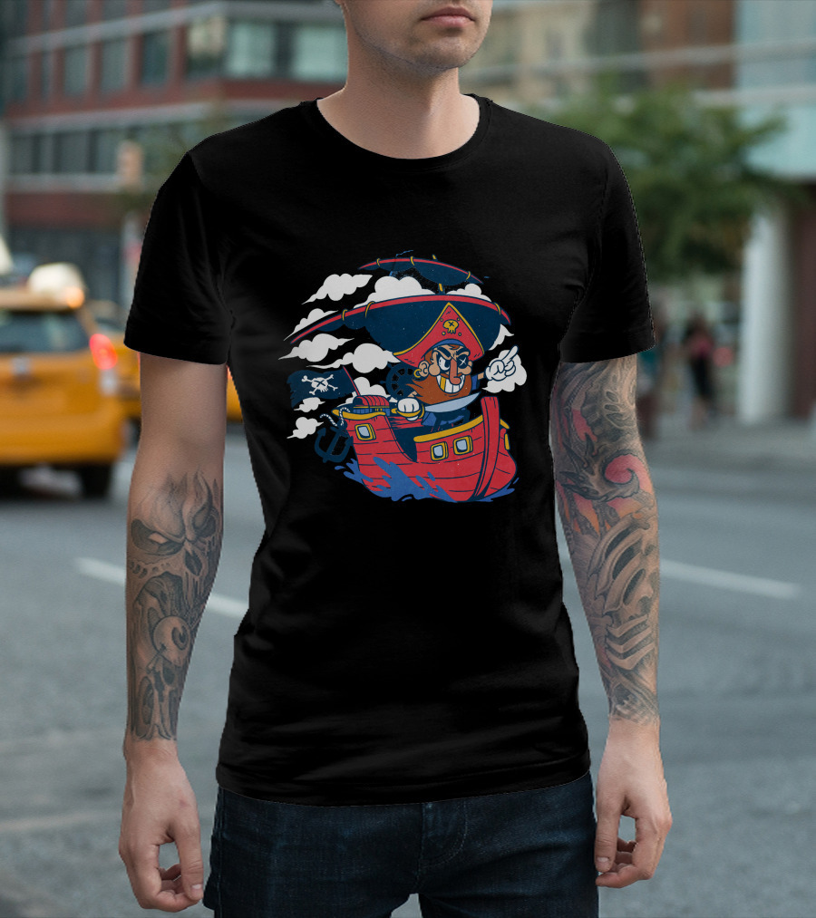Cartoon Pirate Ship Adventure with Skull Flag and Captain's Hat T-Shirt
