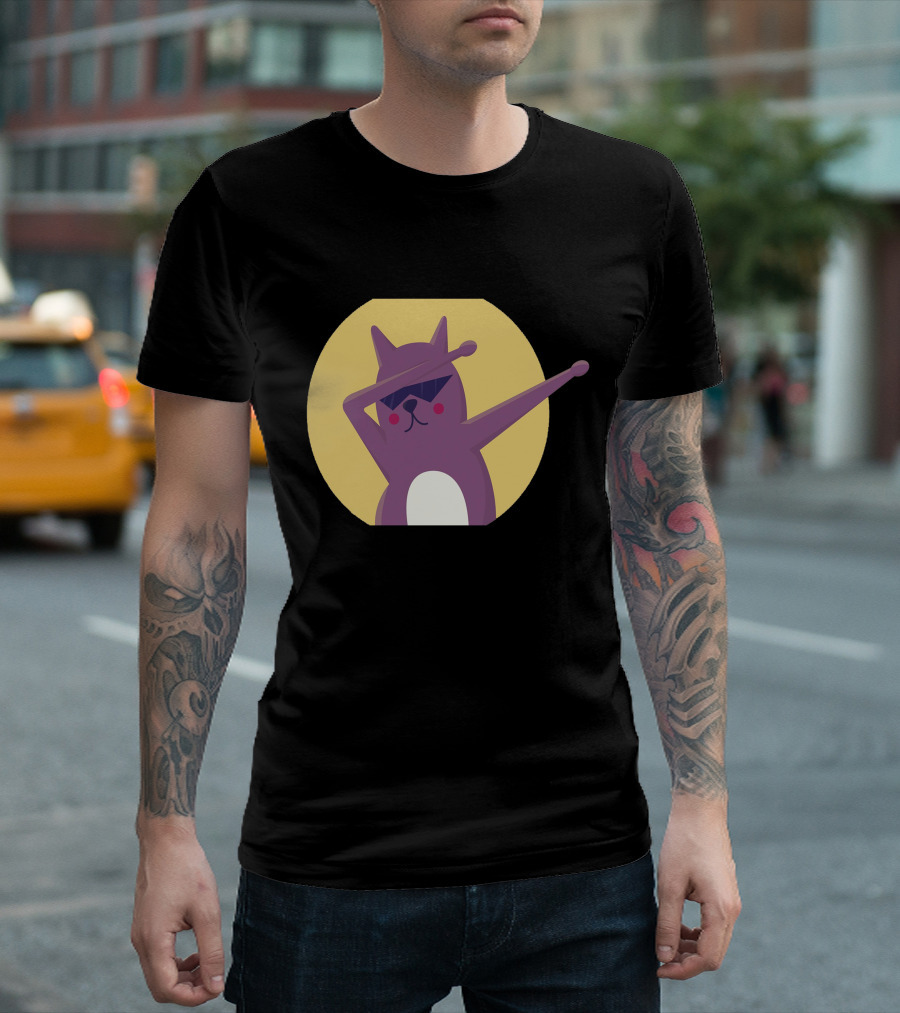 Cat Dab Sunglasses Pose Icon Yellow Circle Backdrop T-Shirt