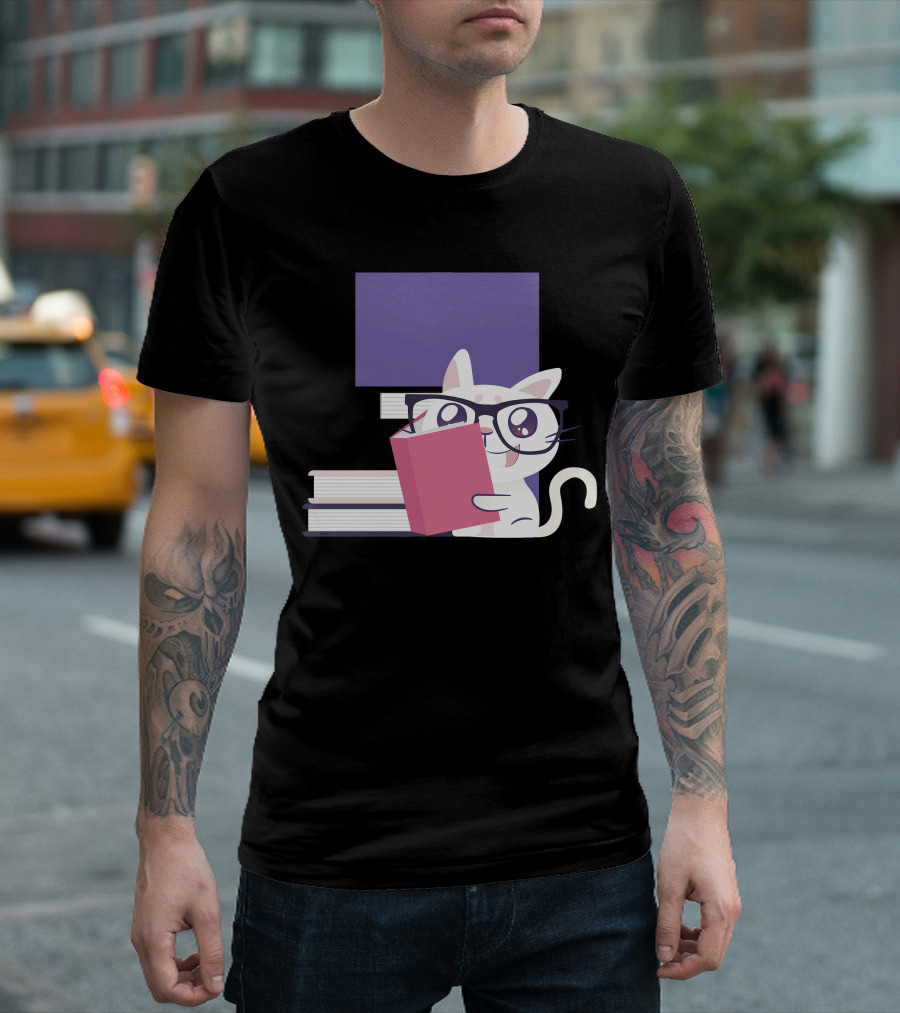 Cat Reading Books Glasses Cute Adorable Stack T-Shirt