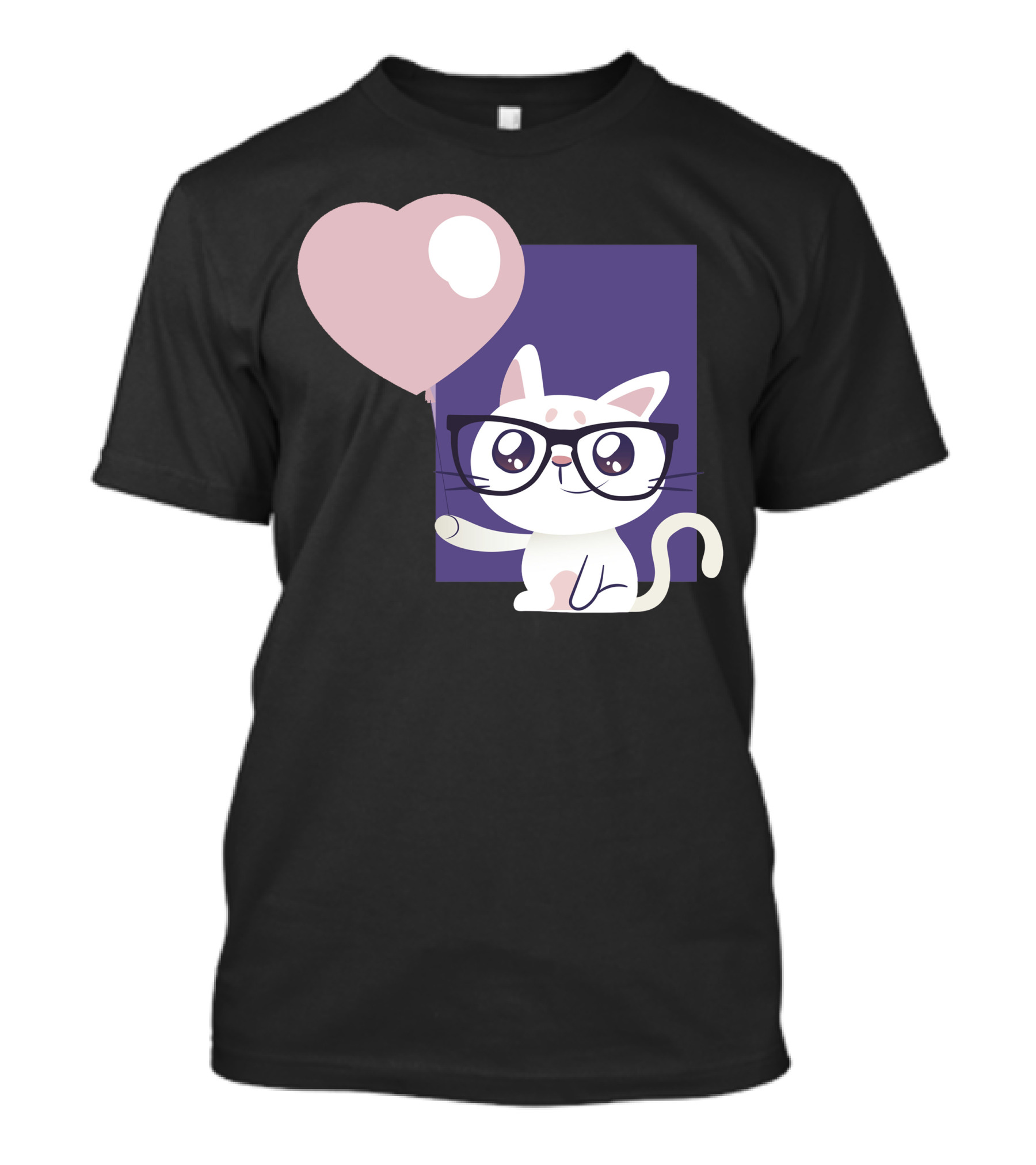 Cute Cat With Glasses Holding Heart Balloon T-Shirt