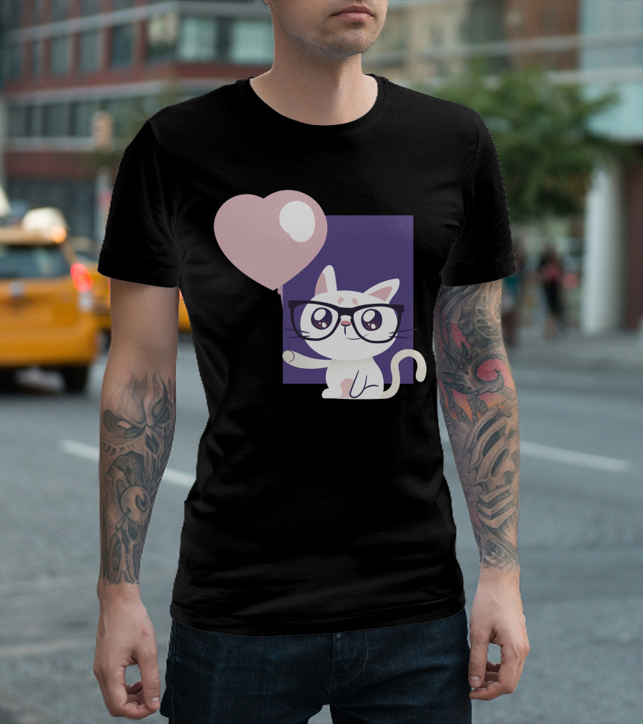 Cute Cat With Glasses Holding Heart Balloon T-Shirt