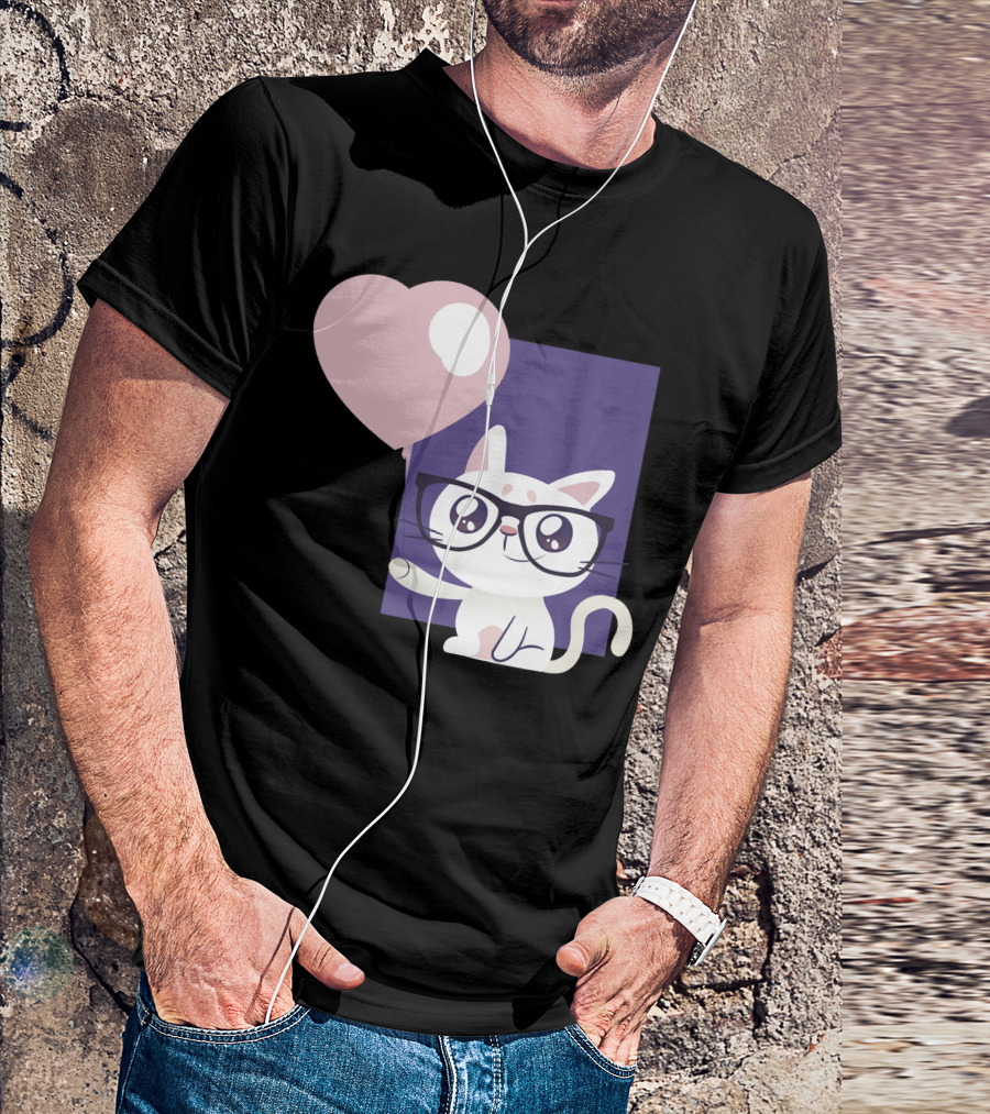 Cute Cat With Glasses Holding Heart Balloon T-Shirt