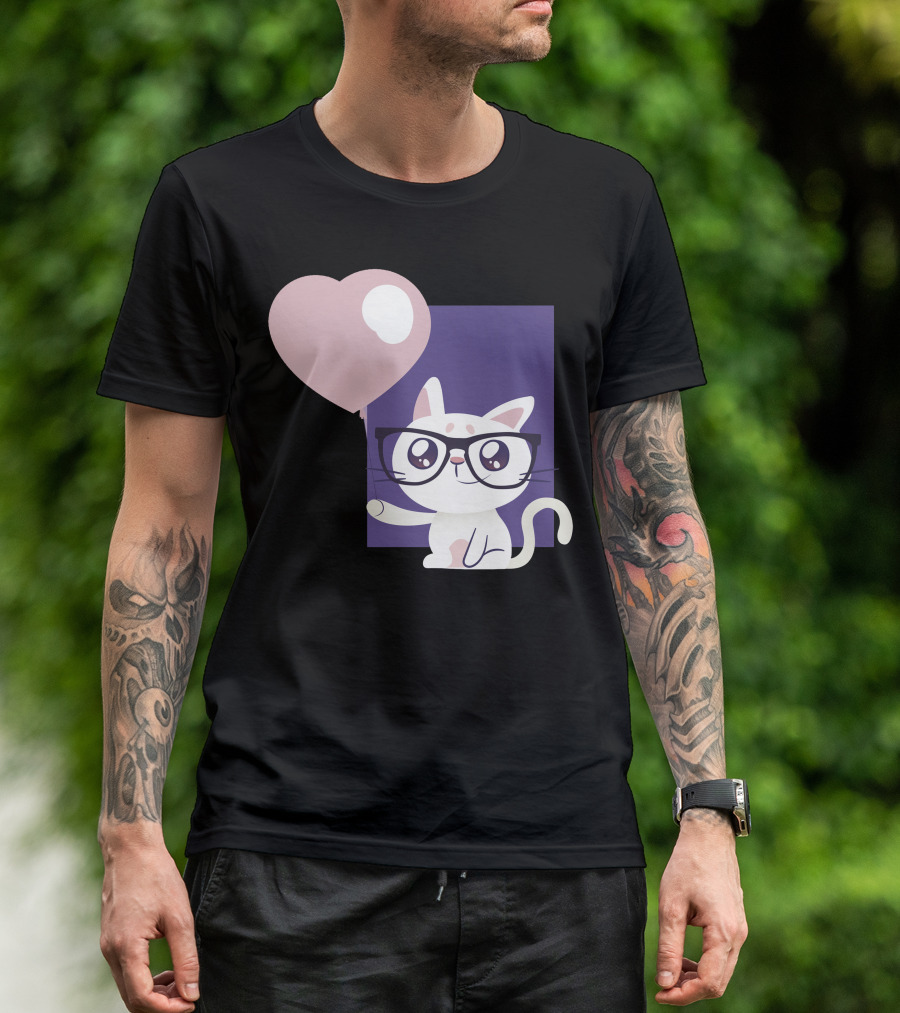 Cute Cat With Glasses Holding Heart Balloon T-Shirt