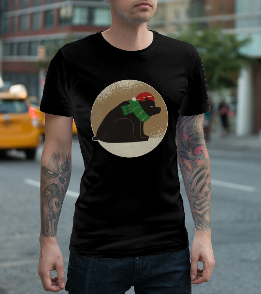 Christmas Bear in Santa Hat and Green Scarf T-Shirt
