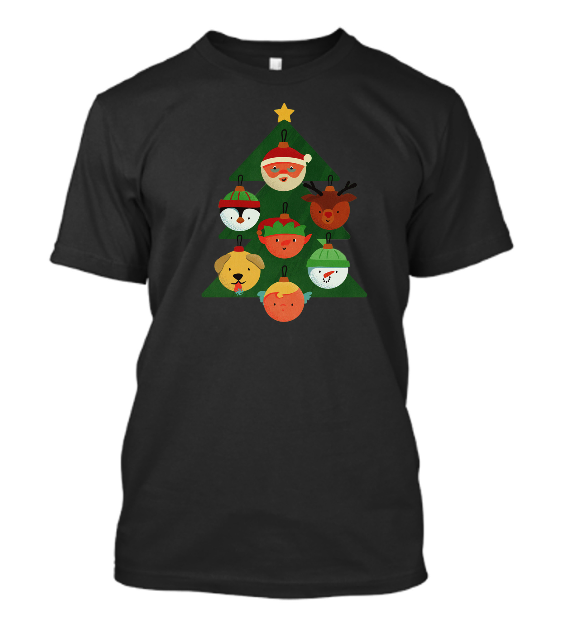 Christmas Tree Ornaments Santa Reindeer Snowman Penguin Dog Elf Characters T-Shirt