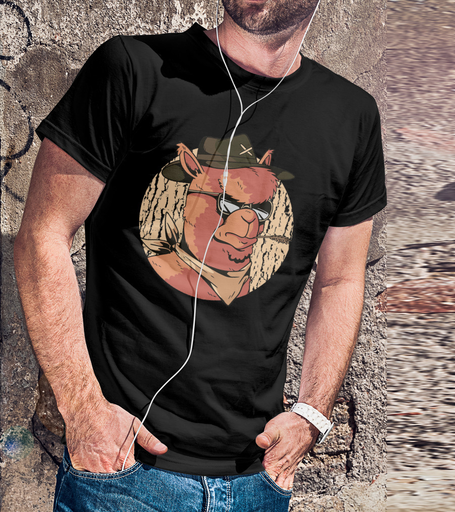 Cowboy Alpaca With Sunglasses And Hat Smoking Wheatgrass In Circle Background T-Shirt