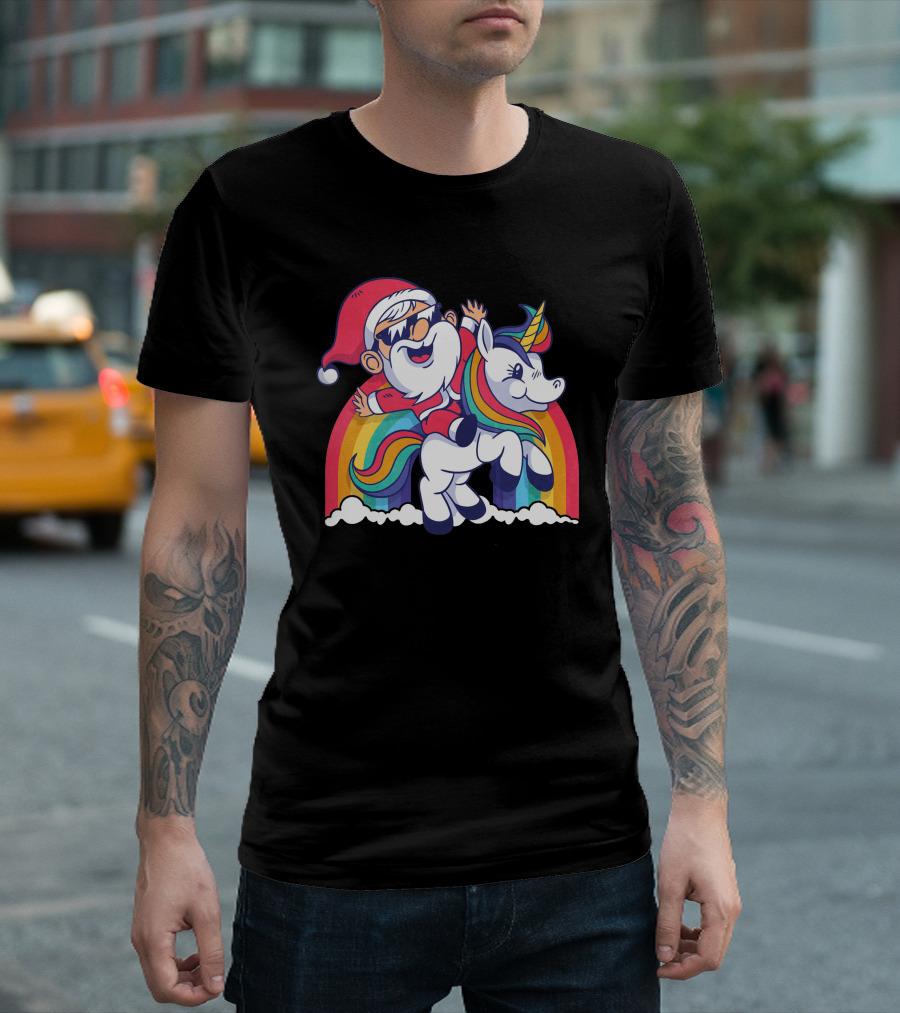 Cute Santa Unicorn Rainbow Adventure T-Shirt