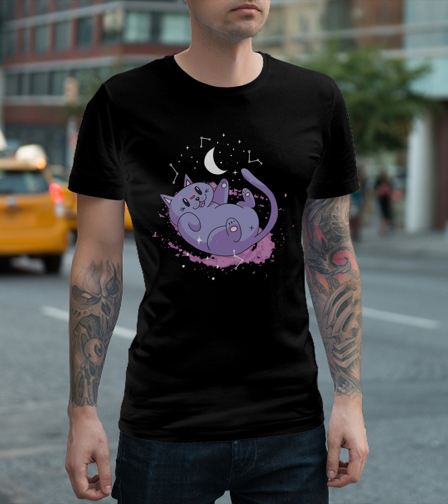 Cute Space Cat With Constellations And Moon T-Shirt