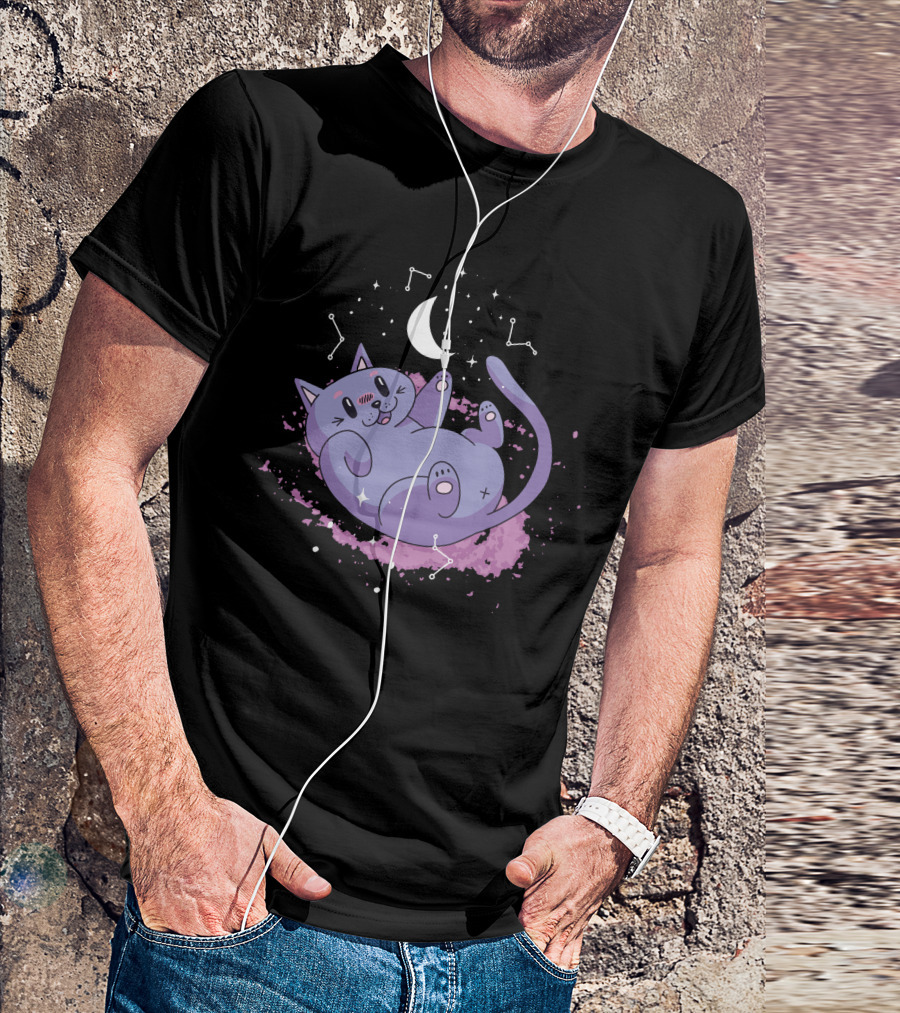 Cute Space Cat With Constellations And Moon T-Shirt