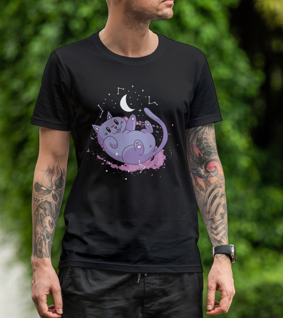 Cute Space Cat With Constellations And Moon T-Shirt