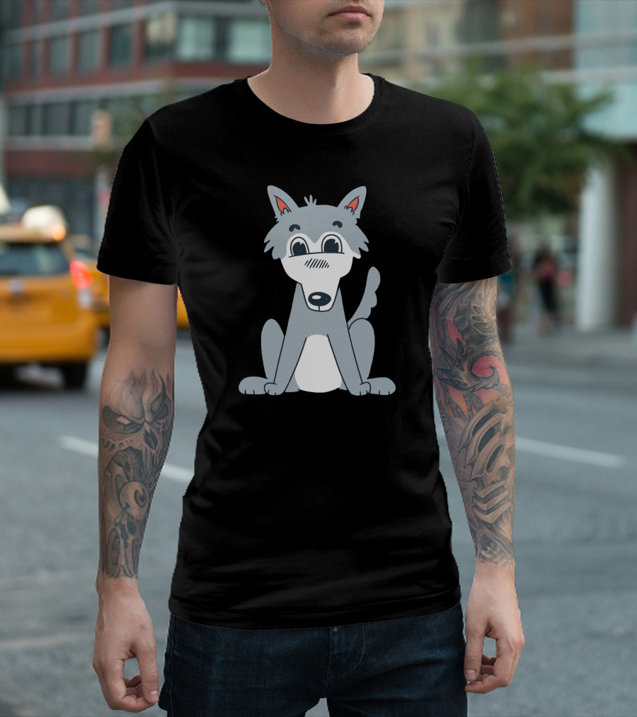 Cute Wolf Cartoon Style Gray and White Playful Expression T-Shirt