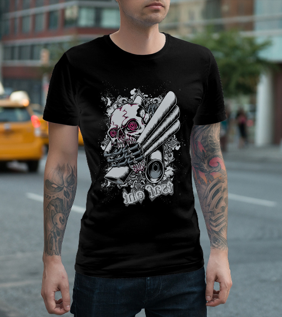 Skull Holding Bats with Twisted Eyes Vector T-Shirt