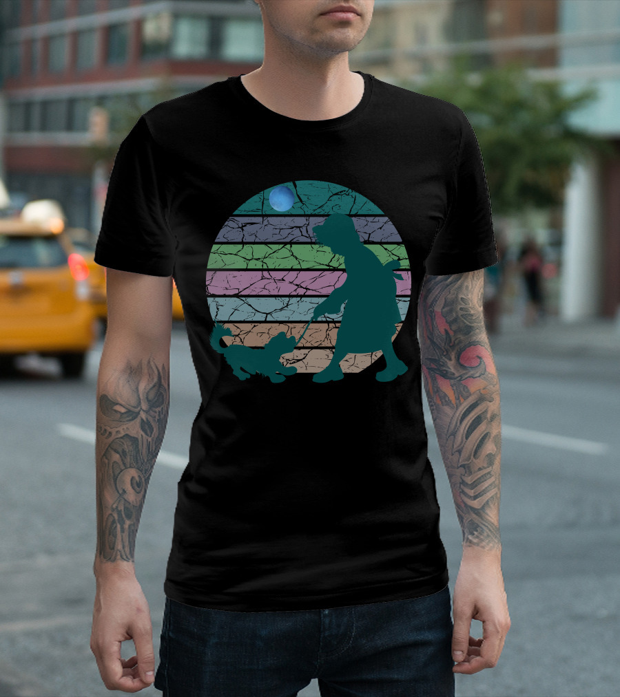 Little Girl Walking Dog Under Blue Moon Vintage Stripes T-Shirt